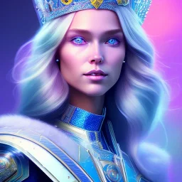 A portrait of a full body crystalised blue pink queen,smiling face, blue eyes, long blond hair, atmospheric, realistic, unreal engine, lighting