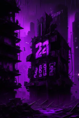 pos-apocalyptic cyberpunk city with destroyed buildings, a plubicity showing the number "2222", illuminated purple neon, dark, high contrast