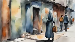 water color, painting, digital painting, Iran, Side walk. salesman woman's by the street. hijab
