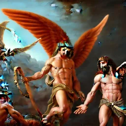 The winged messenger Hermes delivering a message to Zeus but Zeus is a Hydra. Medusa and the Minotaur are fighting in the background. High definition oil painting.