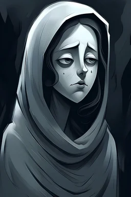 Gambarkan ilustrasi wanita sedih hantu