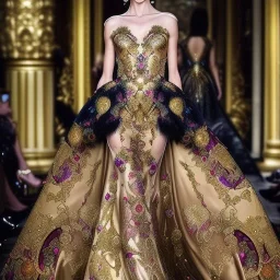 stunning extrem opulent haute couture gown designed by Marchesa inspired by fairies, realistic epic elegant fantasy color mix of black and gold and dark red,decorated with precious stones, detailed, high quality, intricate, fantasyland background,