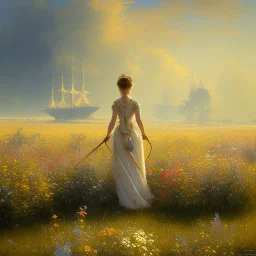 (painting of girl from behind looking a fleet of imperial ships in the sky, in a meadow of flowers.) trending on Artstation by Karol Bak cinematic lighting trending on cgsociety 4k anato finnstark cinematic Artgerm Ilya Kuvshinov Detailed Norman Rockwell Cool by Eddie Mendoza full body posing ((painting canvas fine art)) (fantasy art) ((digital art)) (digital illustration) agfacolor low coloration Anges Cecile