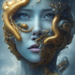 close-up face,clouds of fog as woman's face, dissolving, disintegrating, wearing blue hijab, avatar face, golden eyes, snakeiris, fine detail, highly intricate, modern surrealism painting, high-quality, volumetric lighting, 8k, ultrahd, George Grie, Marco Escobedo, Igor Morski,Brian Froud, Howard Lyon, Selina French,