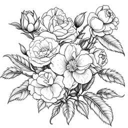 Camilla buds, Camilia flowers, gentle flower bunch, white background, 2d, lineart, black line