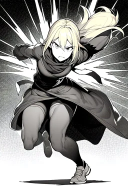 angry blonde girl, pose, full body, greyscale