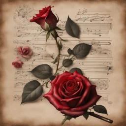 Hyper realistic red rose on a vintage paper with harmonica instrument & musical notes