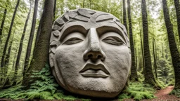 large stone carving of a face in the forest