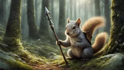 illustration of a little magical cute forest creature. The creature IS holding a spear. fantasy art, intricate details, style Jean - Baptiste Monge, style Alan Lee, anthropomorphic squirrel , scene from a movie, dramatic shot angle, atmospheric particles, Real, raw cinematic photorealism, action portrait, 8k, detailed, centered, full frame