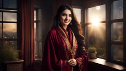 Hyper Realistic Photographic View Of A Gorgeous Pashto Young Woman (Wearing Long Maroon Coat With Golden Dress With Maroon Embroidery & Wearing Golden Scarf On Her Neck) Alone Happily Standing & Smiling In Her Office Room With Her Beautiful Long Black Hair With Moonlight Rays Coming From A Fancy Window At Her Back, With A Little Garden View From Outside Window At Dark Night Showing Dramatic & Cinematic Ambiance.