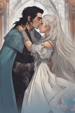 A couple from the dnd game curse of Strahd kissing. She has white hair he has long black hair.