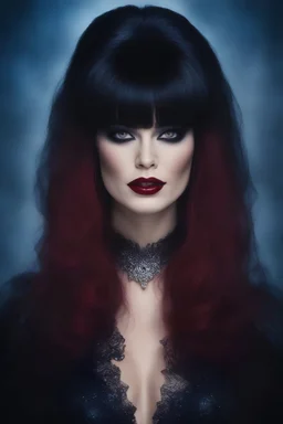 head and shoulders portrait - Elvira, Mistress of the dark, black dress - 32k, UHD, 1080p, 8 x 10, glossy professional quality digital photograph - dark blue and dark red, and light maroon and purple and foggy black gradated background, historic, powerful, octane rendering, exquisite detail, 30 - megapixel, 4k, 85 - mm - lens, sharp - focus, intricately - detailed, long exposure time, f8, ISO 100, shutter - speed 1125, diffuse - back - lighting, ((skin details, high detailed skin texture)),