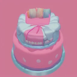 Pink birthday cake, 3 tier, extraordinary, 3d render, soft pastel color, cute