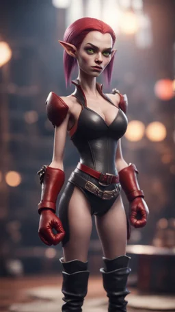 full figure with boxing gloves, standing on socket, female vampire elf from worms armageddon wearing makeup, bokeh like f/0.8, tilt-shift lens 8k, high detail, smooth render, down-light, unreal engine, prize winning