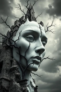 surrealis monochrome A fragmented, surreal sculpture liguid color of photorealistic image 3d,psychedelic art of an castle glossy emerging from dreamlike a crumbling building. The face appears pale with deep cracks and intricate details, evoking a haunting expression. Blackened tree branches intertwine with the gold mengkilat cracks, set against a backdrop of stormy, cloud-filled skies. bauhaus art The overall tone is dark and moody, suggesting themes of decay and transformation.