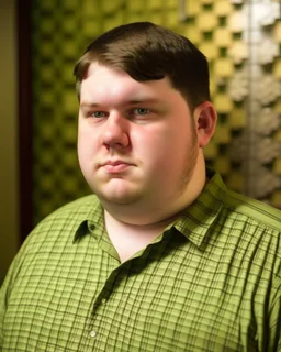 Portrait d'un jeune homme, ultra obèse; cheveux bruns et teint blanc, porte une chemise à carreaux de couleur vert olive. Ce jeune homme tient une planète entre les mains qu'il dévore, HD portrait, Artstation