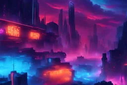 a painting of neon city with purple lights and skies, a detailed matte painting by John Martin, cyberpunk, behance contest winner, magic realism, concept art, behance hd, hellish background