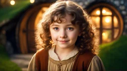 Little very young hobbit girl, beautiful, confident, calm, wise, happy, innocent, facing camera, head and shoulders, curly hair, hobbit clothing, perfect eyes, LOTR village, hobbit homes with circular windows and circular doors, night scene, stars, fireflies, 16k artistic photography, exquisite composition, photorealistic concept art, soft natural volumetric light, chiaroscuro, award-winning photograph, masterpiece, style William-Adolphe Bouguereau