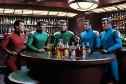 [Star Trek, drinking] a few engineers doing iconic advertisement for Saurian Brandy, Romulan Ale, Andorian ale and Bloodwine at the bar of the starship
