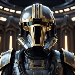 star wars bald male corellian pilot wearing gunmetal grey and black First Order TIE pilot armored flightsuit and helmet with gold trim inside the jedi temple, centered head and shoulders portrait, hyperdetailed, dynamic lighting, hyperdetailed background, 8k resolution, volumetric lighting, light skin, fully symmetric details