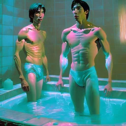 Handsom Justin long and his buff boyfriend are above thier pool roombath spa heater while in tight loincloths and Nickolas is flexing there muscles while illuminated by the ambient teal glowing on the glowing marbled floor made of long flat marble slabs, the ground next to the clinical yard is in the style of primitive art. metalworking mastery, fawncore, the immaculately composed quality of this photo shows the artist was taken with provia, detailed wildlife, isaac grünewald, rustic simplicity