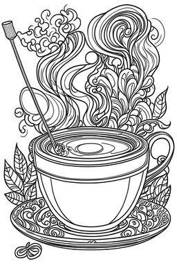 Outline art for coloring page, A JOINT WITH WHISPS OF SMOKE NEXT TO A JAPANESE CHAWAN TEACUP, coloring page, white background, Sketch style, only use outline, clean line art, white background, no shadows, no shading, no color, clear