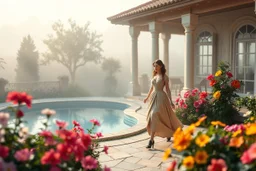 all scene is made of small colored cubes:a luxury villa yard with pool in center and pretty plants trees flowers, morning mist, lost paradise atmosphere,a pretty model lady in victorian clothing walking in villa yard in flowers .every thing and lady is made of small colored cubes as a puzzle