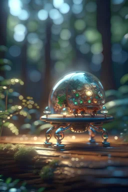 picture of a magical forest sparkling with light,cute chat robot inside transparent egg that is driving a car on a wooden bridge,shot on Hasselblad h6d-400c, zeiss prime lens, bokeh like f/0.8, tilt-shift lens 8k, high detail, smooth render, down-light, unreal engine, prize winning