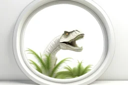 white,background,looking,through,a 3-d, hole,or,window,,a,seeing a dinosaur