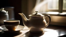 Black tea leaves steep in a white ceramic teapot. The teapot sits next to a matching cup and saucer on a counter. Sunbeams shine through a kitchen window, illuminating the steam. Highly detailed photograph with shallow depth of field.