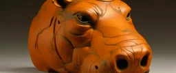 A light rosy orange colored earth elemental hippo designed in African masks painted by Raymond Duchamp-Villon