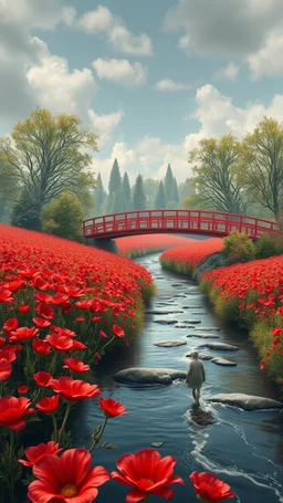 Bosch painting style nightmare , 3D , a big fields of red flowers, and a red bridge on the river stream , trees in the background, high Quality picture , 8k