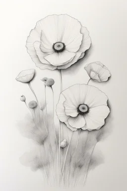 A white butterfly Minimalist white ink pencil and white drawing of white poppies in a white background