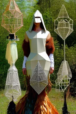 Biopunk women fashion, machines, masked, Creamy fake skin, old-fashioned stuff, Lay figure broken. Feathers, Leather, wool, steel, metal, latex, wires, Haute Couture 1990's. Abandoned farm. 4D-tiling on the adaptive background. Polyhedron, tube and web structures, Recycled plastic. Plants farming. Light from right. Colors: Bronze, steel,army green, terracotta, brown and black. Old big television. AKG-style headphones, golden rings & disc. Thick tights. Thick calves. Curved fell