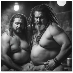 half figure shot photography of two angry gipsy 41 years old burly chubby ugly men embracing tightly, dreadlocks, shirtless, in a sauna full of steam, dim lights, side light, ambient occlusion,