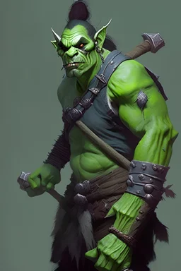 Half orc character, with green skin. Carrying a quarter staff.