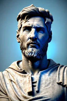 Ultra Realistic image, roman sculpture, Calacatta marble material, Lionel Messi, Laurel crown, Renaissance style, miguel angel style, chisel style, emperor, waist up portrait, epic, celestial, cinematic lighting, God light, god rays, 4k resolution, smooth details, ornate details, soft lighting, unreal engine 5, sky background.