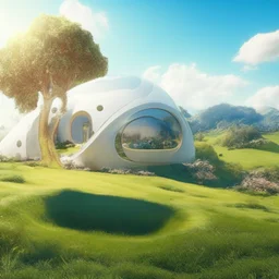 House on the hills, green nature, futuristic, minimalist architecture, concept art, 3D art, oval and round shape, finely detailed, cinematic lighting, hot weather, cream blue sky, hyper realistic, 4k