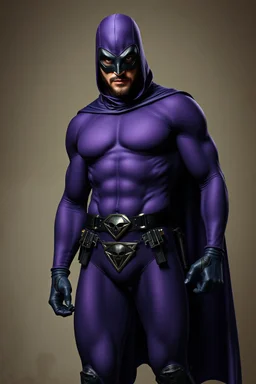 full-length, A portrait of a the Phantom, a man with piercing blue eyes, a chiseled jaw, goatee, timeless face, stern expression, Wearing a skintight formfitting purple cotton hero suit with a skintight cowl with a widows peak that fits tight to his head, but does not cover his face, he wears a thin, black leather, bandit eye disguise over his eyes, black and blue diagonally striped trunks, dual-holstered pistol belt adorned with a triangle skull-shaped buckle with leg straps, knee-high boots