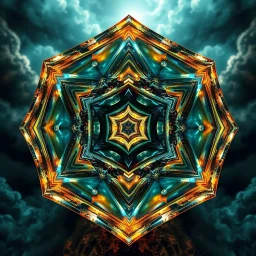 Dynamic hypnotic fractal 3D Pyramids pentagonal Symmetry and morphing between organic and geometric forms , smooth translucent iridescent glass with inner glow and bubbles, varied transparent materials, stormy skies, intense dramatic