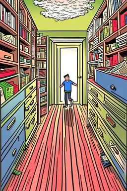 zoomed out view of a friendly running behind drawers, bedroom, surreal, comic style