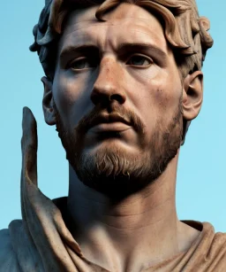 Gran angular, Realistic image, roman sculpture buste, marble deluxe material, Lionel Messi, gold Laurel leaves crown model, miguel angel style, emperador, God light, god rays, 4k resolution, smooth details, ornate details, soft lighting, unreal engine 5, soft cyan background.