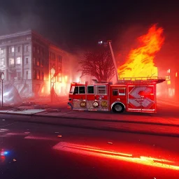 burning building, city, firetruck, run down, graffiti, vandalized, night time, destroyed buildings , unity, scriptable render pipeline , lighting , volumetric , global illumination, skybox , foggy .