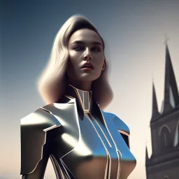 A handsome woman standing in front of a church, futuristic design, a paradise in background, close-up face, geometric armor, female face, 3d unreal engine, black face, close up armor, church detail