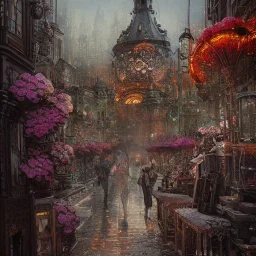 Insanely detailed photograph of an “portrait of gorgeous city” with intricate gears, intricate embroidered band, hyperdetailed painting by Ismail Inceoglu Huang Guangjian and Dan Witz CGSociety ZBrush Central fantasy art album cover art,8K, hdr, romantic, mysterious, ominous, flowers, jewelry, steam,oil,cafe,V day