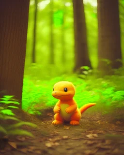 hyper realistic Charmander baby left in the woods,weird,otherworldly, real, vintage photograph,film set, 85mm lens, f/2.8 aperture