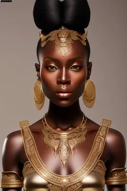 Beautiful perfect Portrait bronze-skinned, Bronze-haired Ghanian lady, bare muscular midriff BlackFuturism full body shot, full-color long shot skin-tight ornate black filigree sheer crop top armor and silver leather miniskirt positive space detailed hyperdetailed insane masterpiece picture of the day