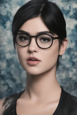 cross-eyed Lucy Hale Bruce Lee hybrid, , 4k UHD, photorealistic, ((big, full, plump, pouty lips:1.5)) black hair, big cat-eye eyeglasses, dark blue foggy gradated marble wall background