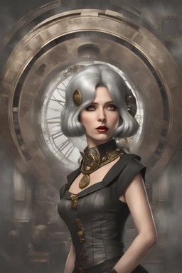 full body and headshot of a skinny Cleopatra, with a silver bob hairstyle, standing in a steampunk setting.