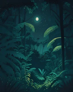 illustration of a jungle in the night from far away